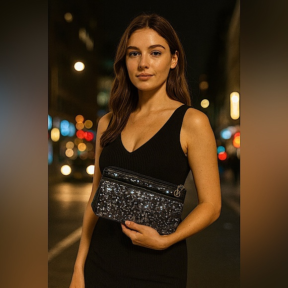 EUC! Victoria’s Secret Black Sequin Clutch with VS Charm - Picture 1 of 4